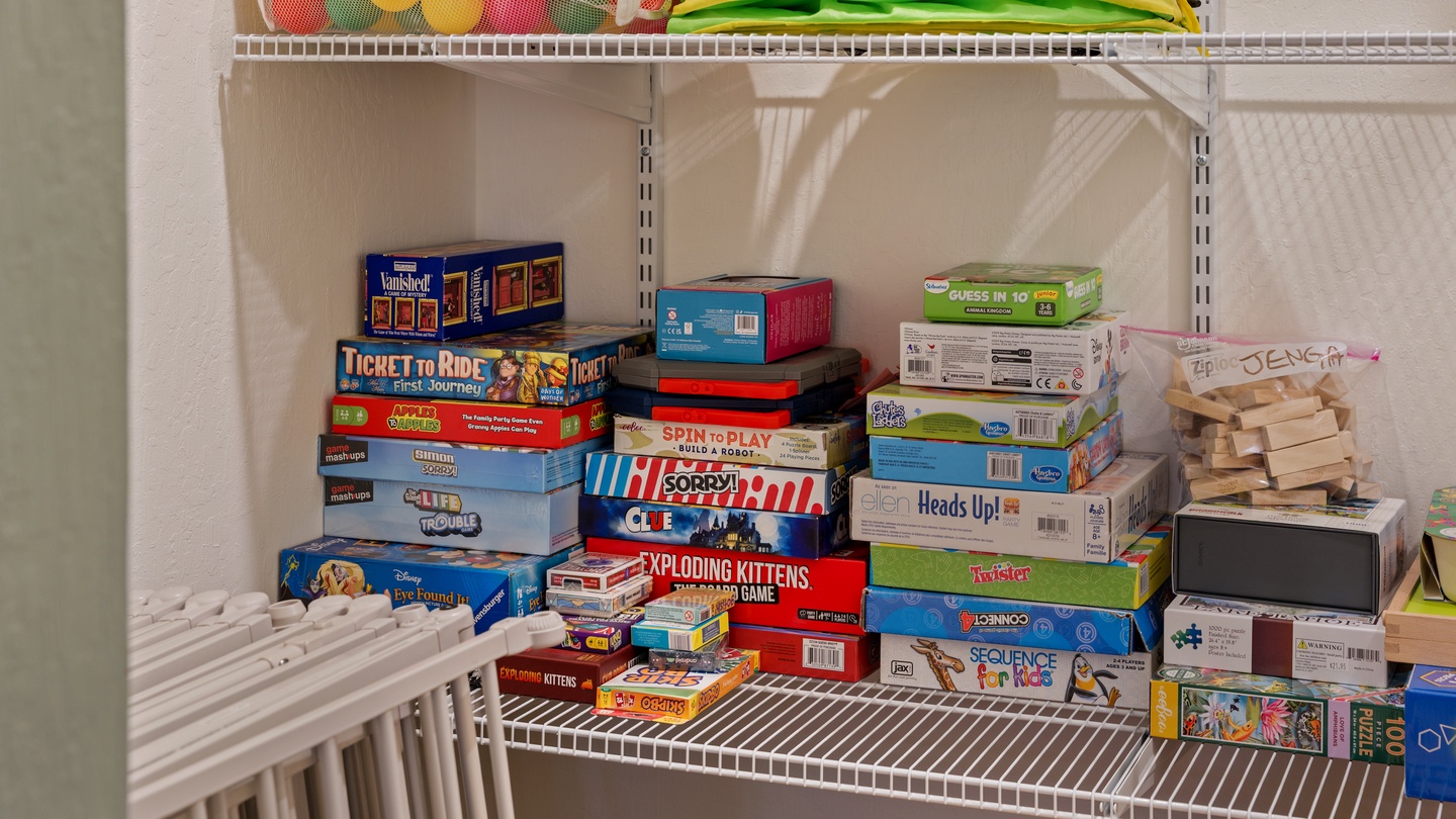 Your private collection awaits—board games, puzzles, and endless entertainment stocked and ready for cozy nights in or rainy afternoon fun with family and friends.