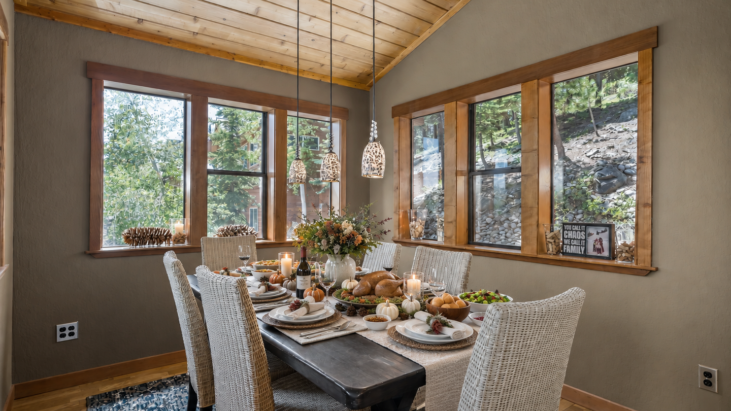 Gather around the inviting dining table where your meals unfold beneath warm pendant lights and soaring wood ceilings. Natural light pours through the windows, framing peaceful forest views as you savor every moment together.