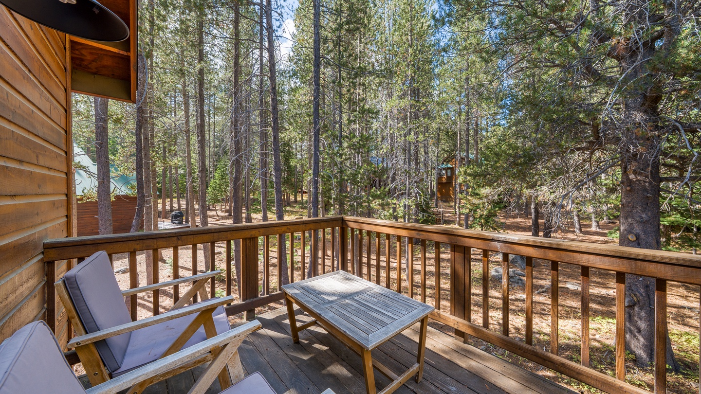 Nestled among towering pines, this peaceful deck invites you to unwind and soak in the forest serenity—your perfect spot for morning coffee or quiet reflection.