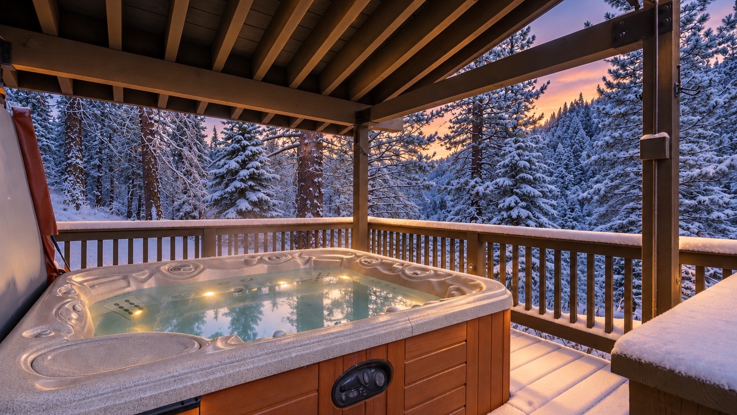 Soak in your private hot tub while snowflakes drift down and twilight paints the forest in soft pastels—pure winter magic at your fingertips.