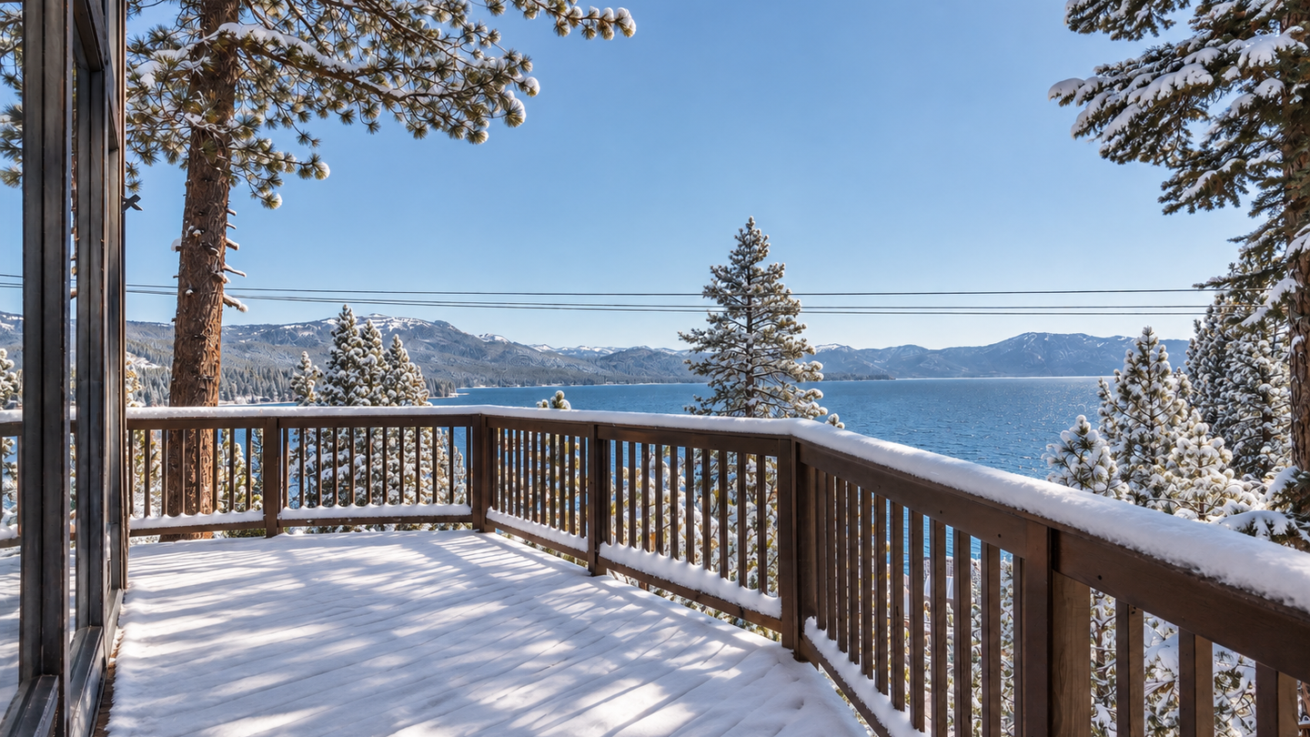 Snowy Deck Overlooking Mountain Lake