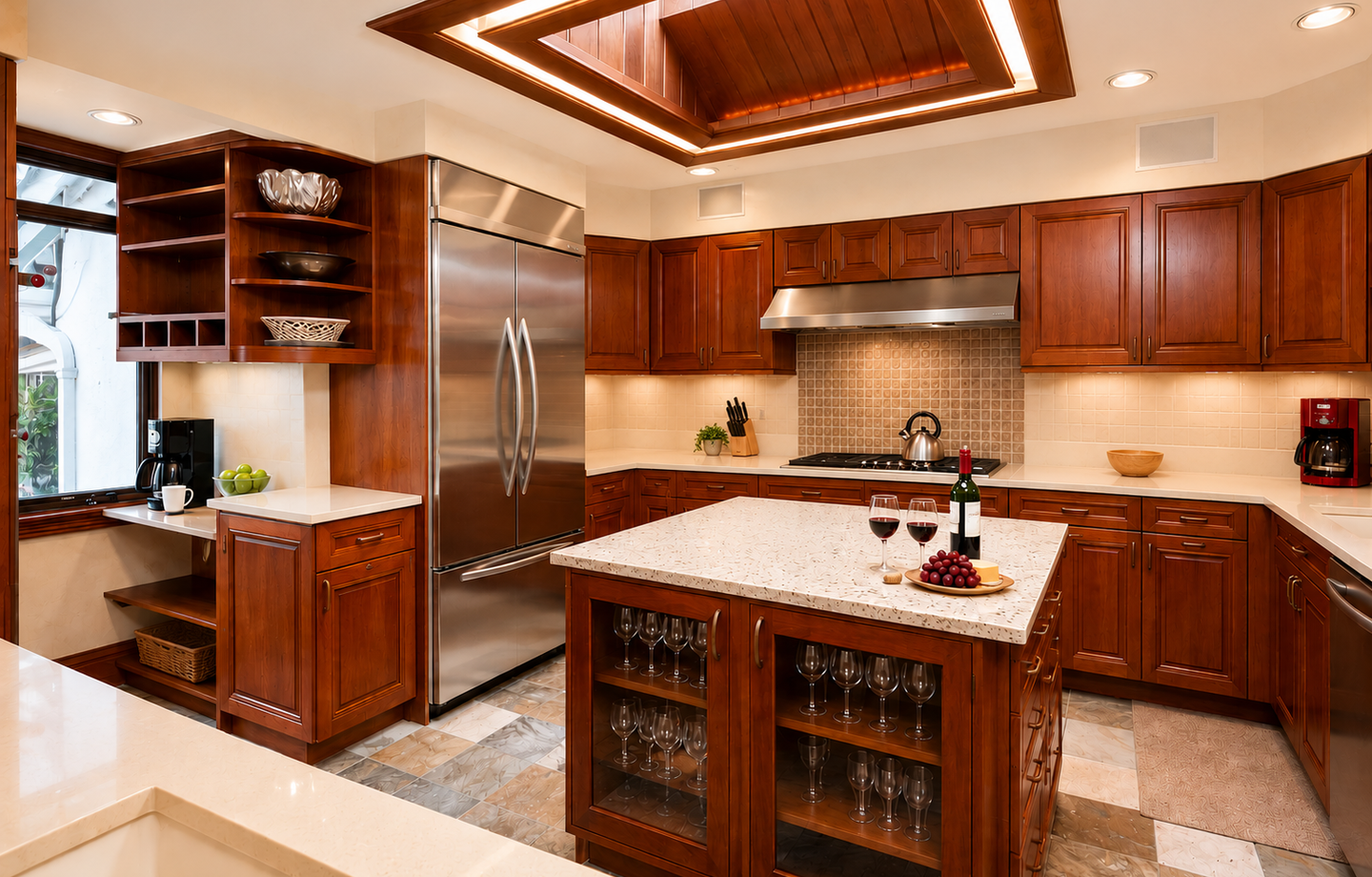 Your gourmet kitchen awaits with rich cherry cabinetry, granite counters, and stainless appliances. The center island invites you to gather for wine and conversation under elegant recessed lighting.