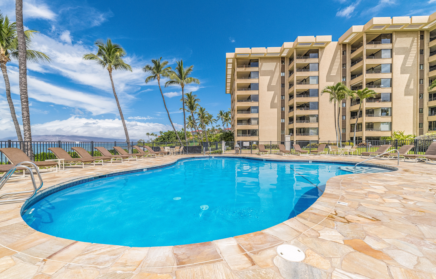 The property features a spacious outdoor pool surrounded by palm trees, lounge chairs, and oceanfront views. The building offers multiple floors of accommodations in a tropical resort setting.
