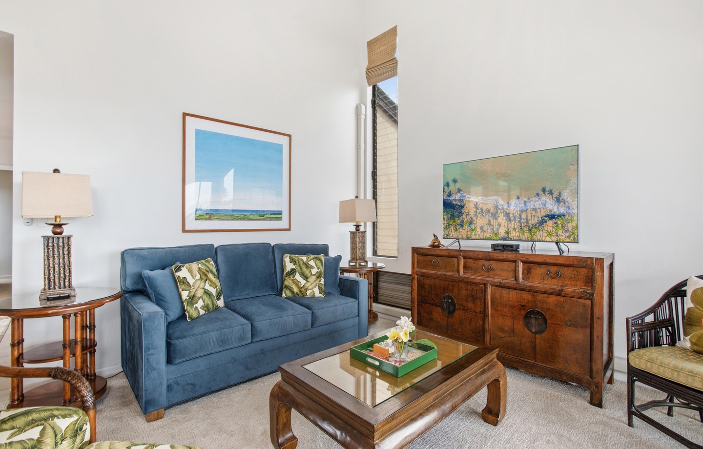 Settle into your bright, airy living room where vaulted ceilings and natural light create the perfect space to relax after a day of adventure.