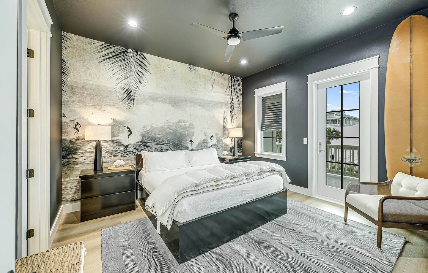 Drift off in your serene bedroom, where coastal vibes and modern comfort come together. Soft linens, ocean-inspired décor, and your own balcony door invite relaxation after a day of adventure.