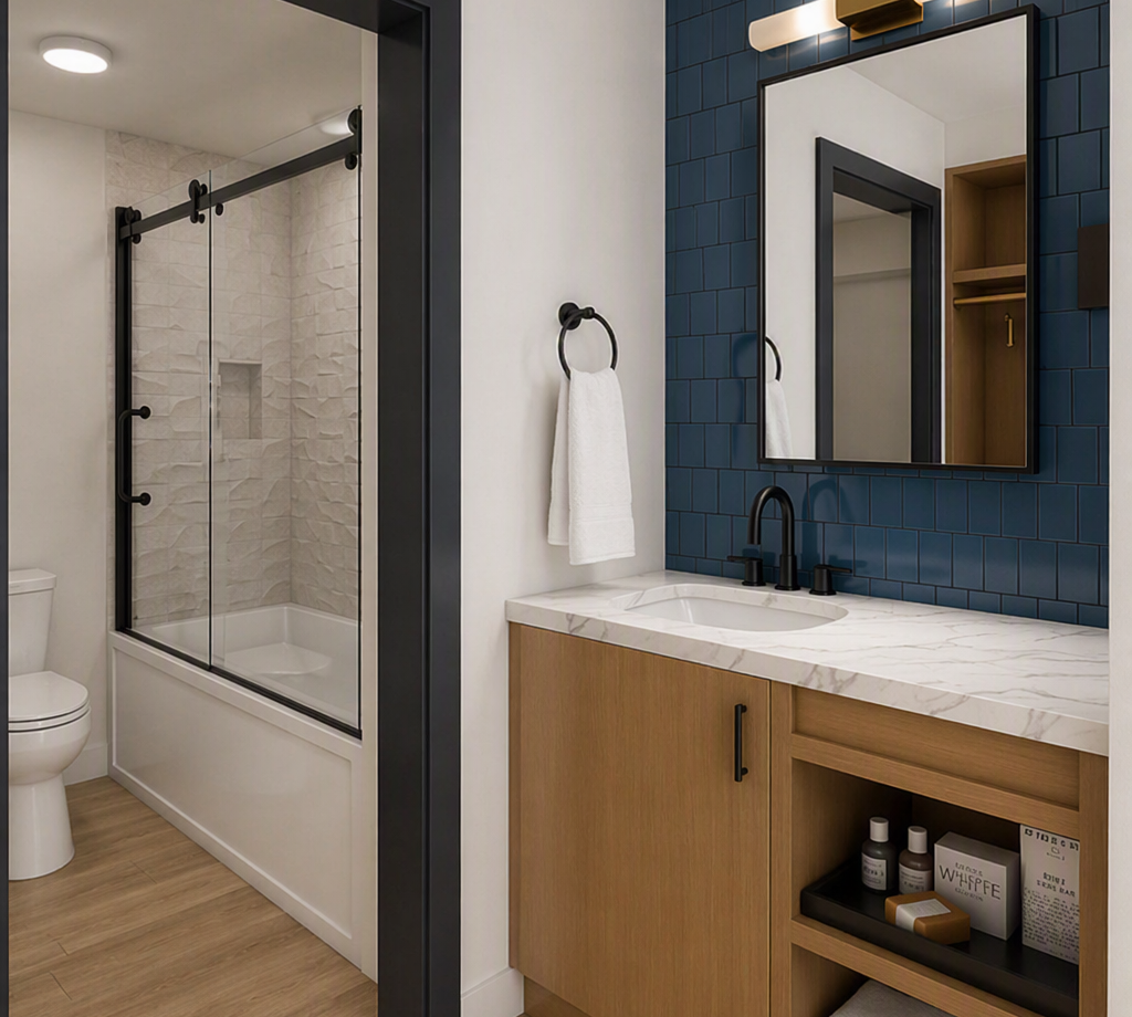 Unwind in your modern bathroom with a sleek vanity, fresh towels, and a spacious shower—perfect for refreshing after a day of exploring.