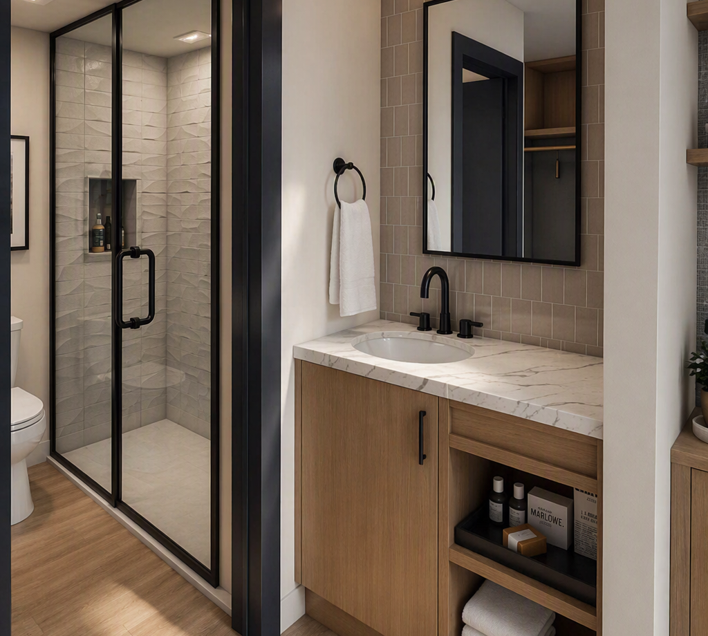 Your private bathroom features a modern walk-in shower, sleek marble countertop, and warm wood finishes. Plush towels and thoughtful storage make it easy to settle in and refresh.