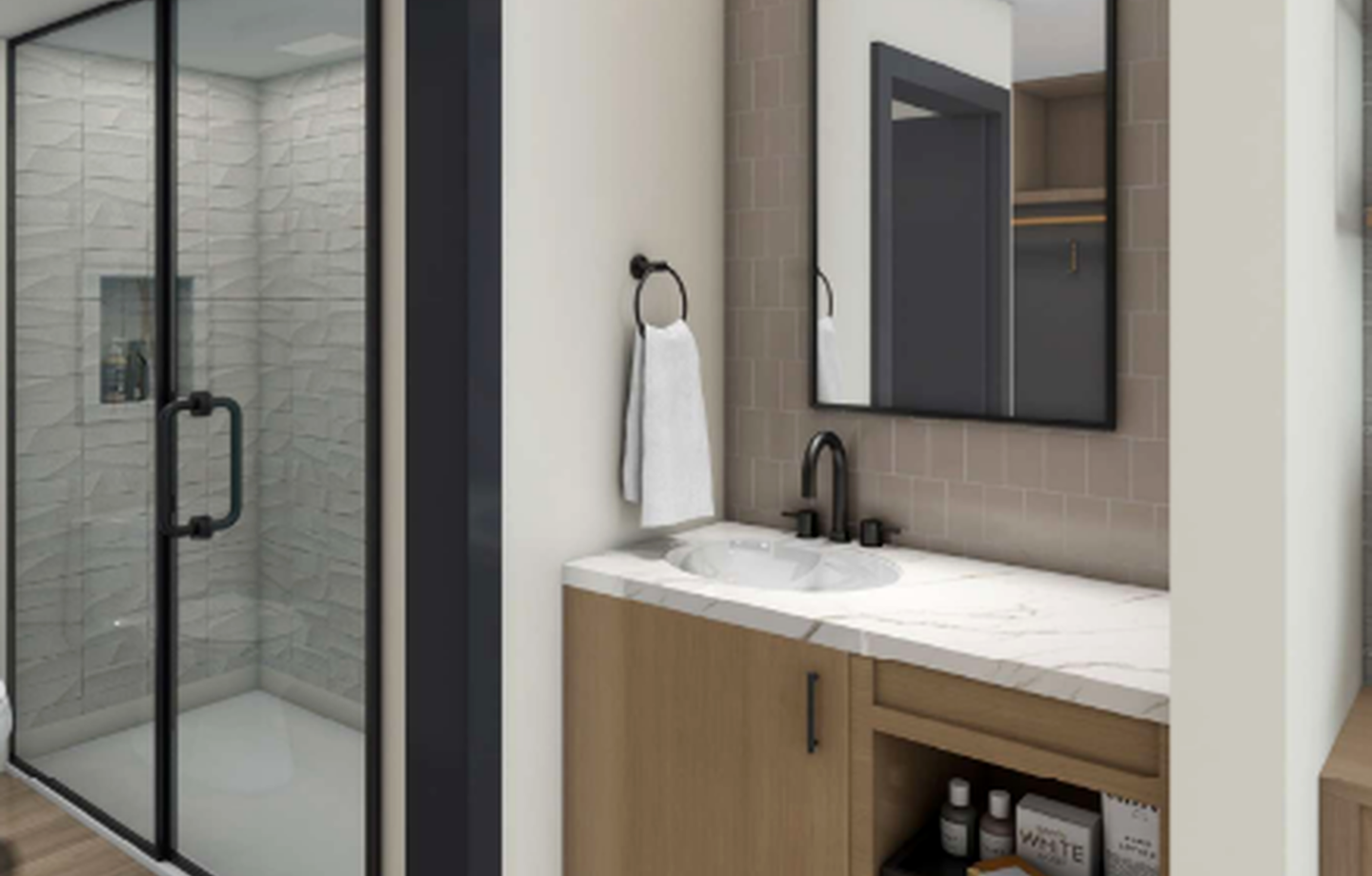 Step into your sleek private bathroom featuring a modern glass shower, stylish vanity, and fluffy towels awaiting your arrival.