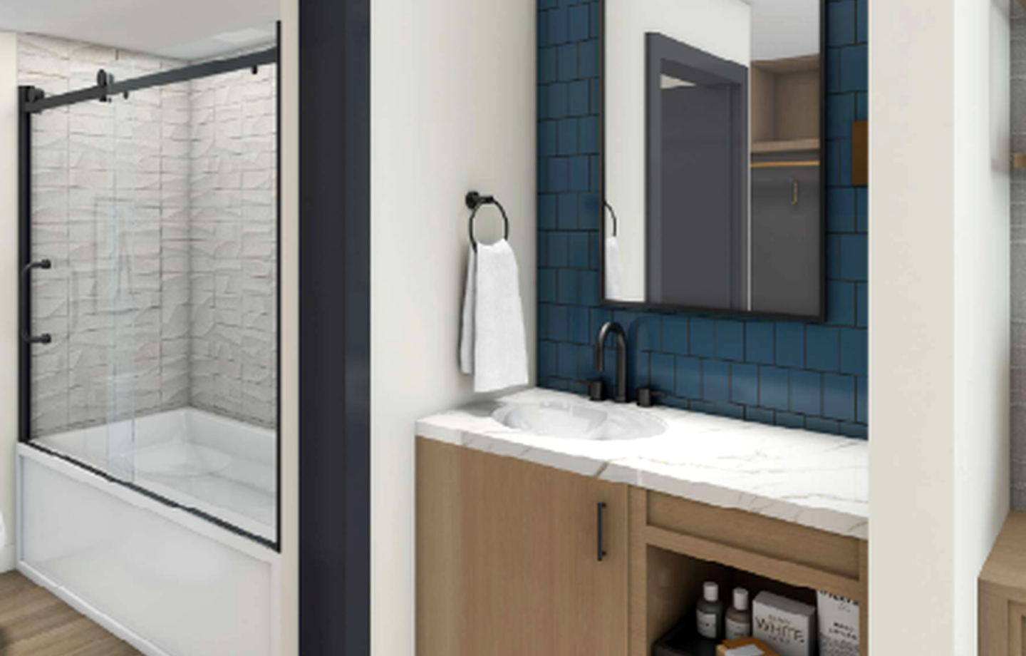 Unwind in your stylish bathroom with striking blue subway tiles and heated floors beneath your feet.