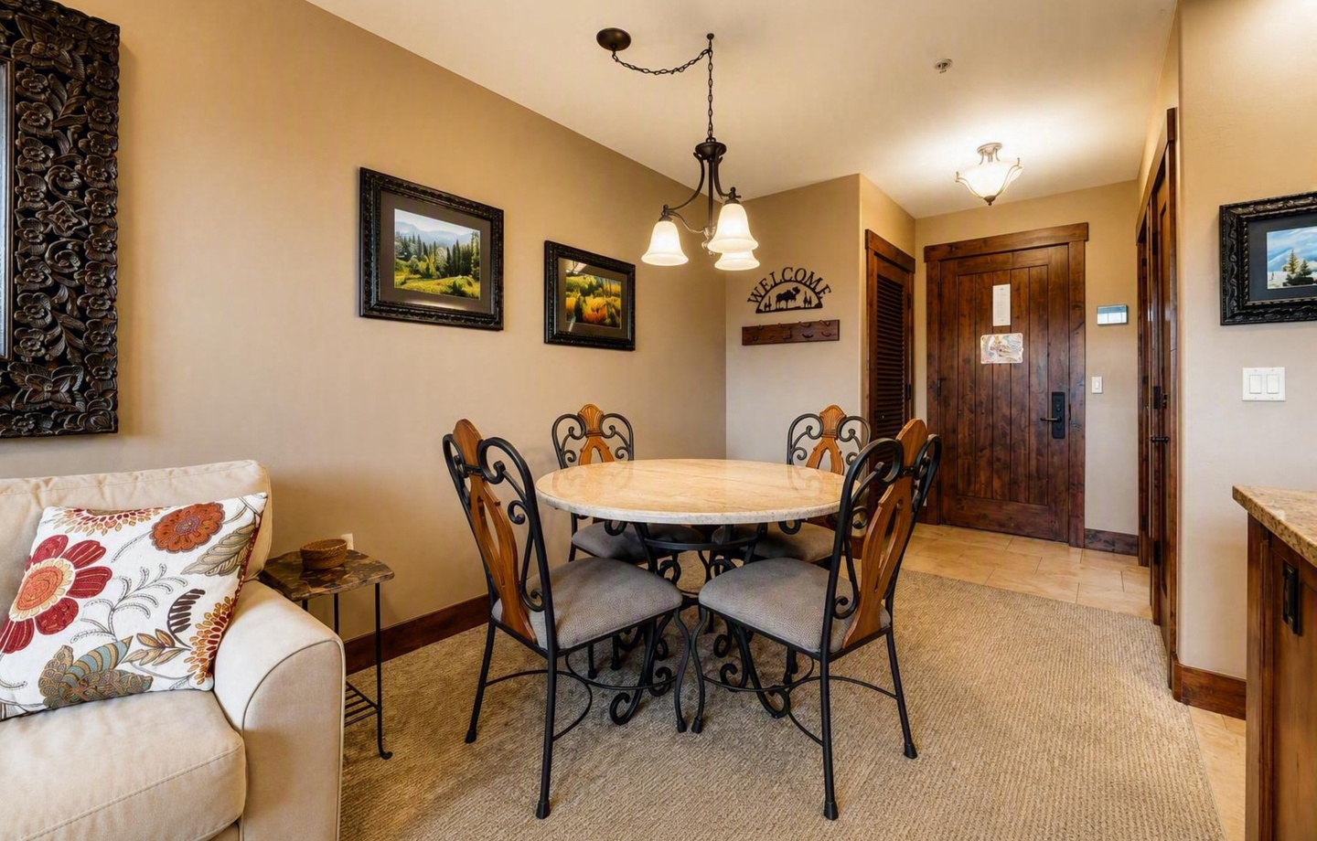 Gather around your cozy dining table for meals and conversation, surrounded by warm lodge-inspired décor and welcoming touches that make you feel right at home.
