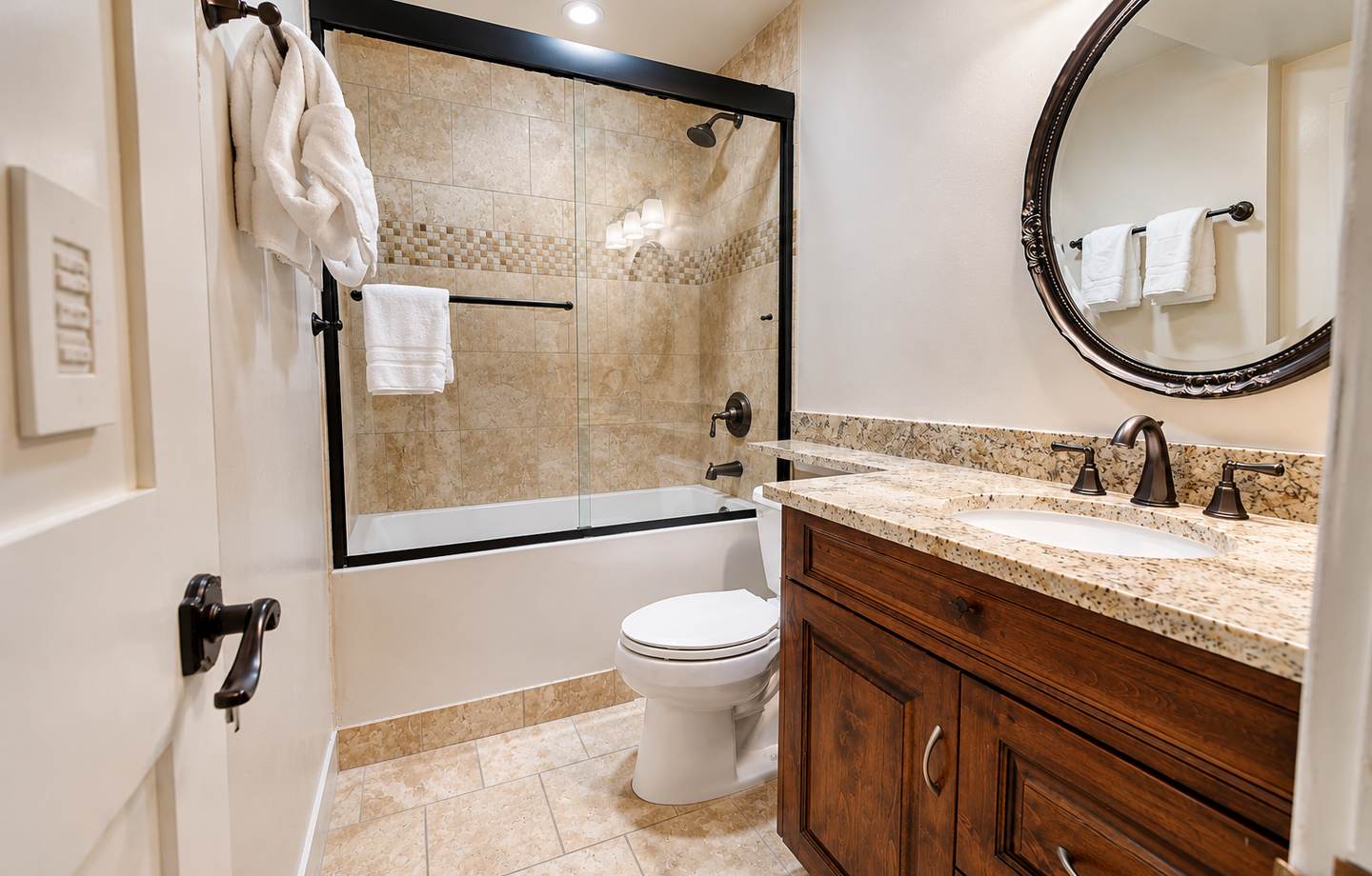 Step into your elegantly appointed bathroom featuring a granite-topped vanity, mosaic-tiled shower, and spa-like finishes. Fresh robes and plush towels await your arrival.