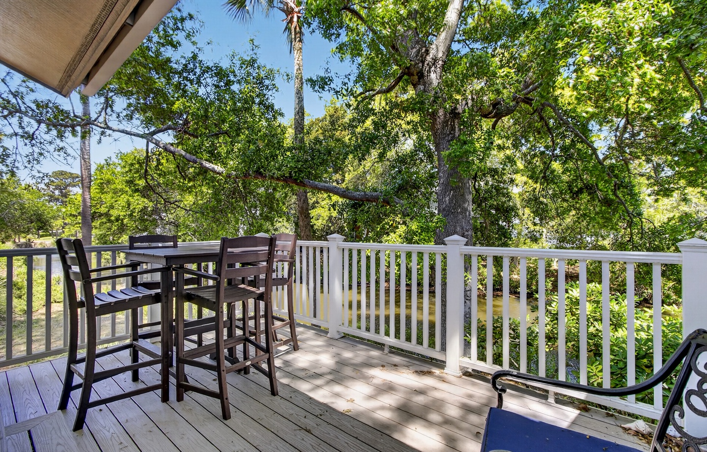 Relax on your private balcony surrounded by towering trees, where dappled sunlight creates the perfect spot for morning coffee or evening drinks.