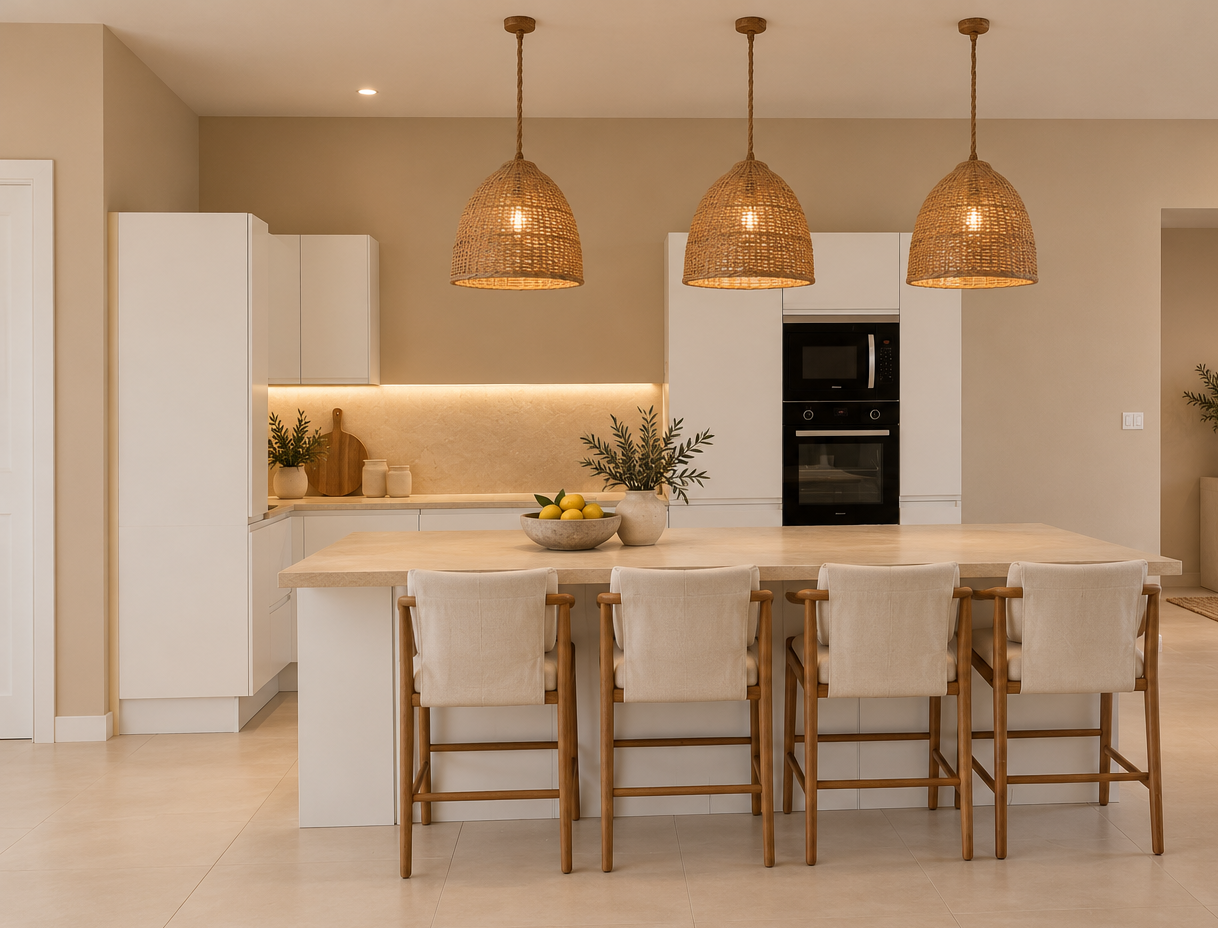 Warm coastal kitchen with woven pendants