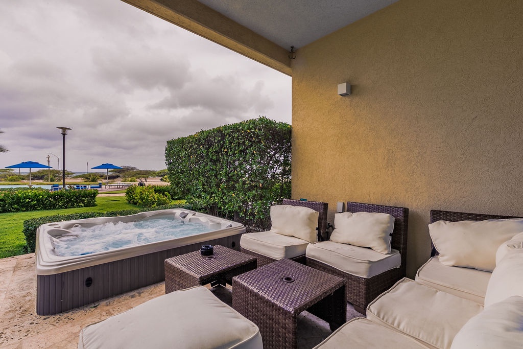 Private patio with hot tub
