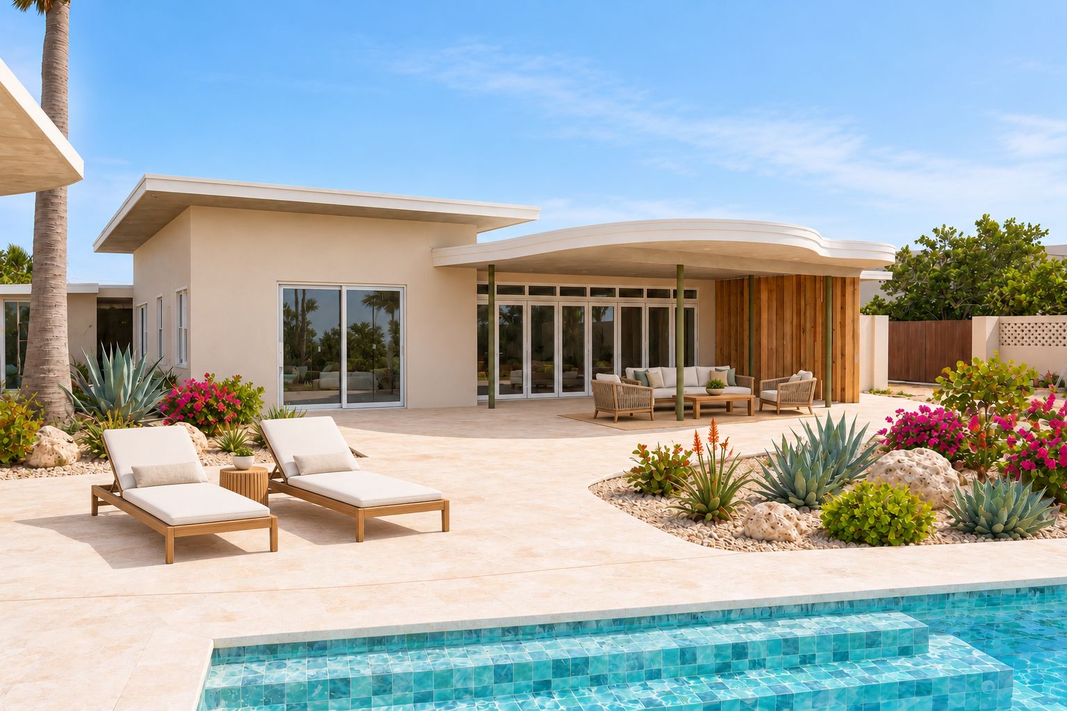 Teak seating on a poolside porch