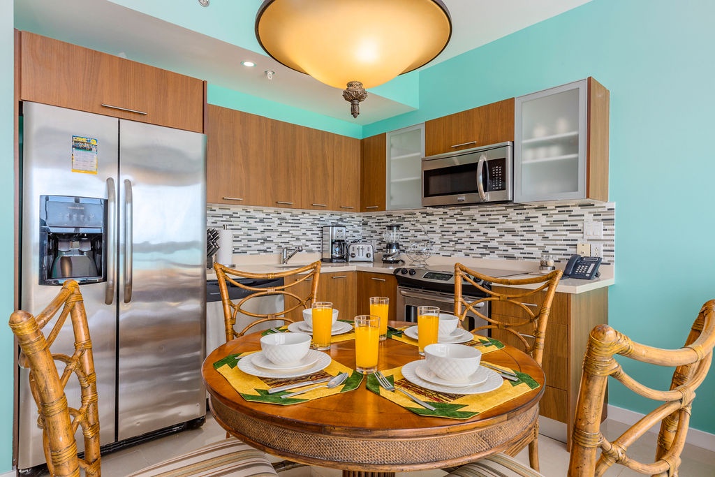 Dining table and kitchen