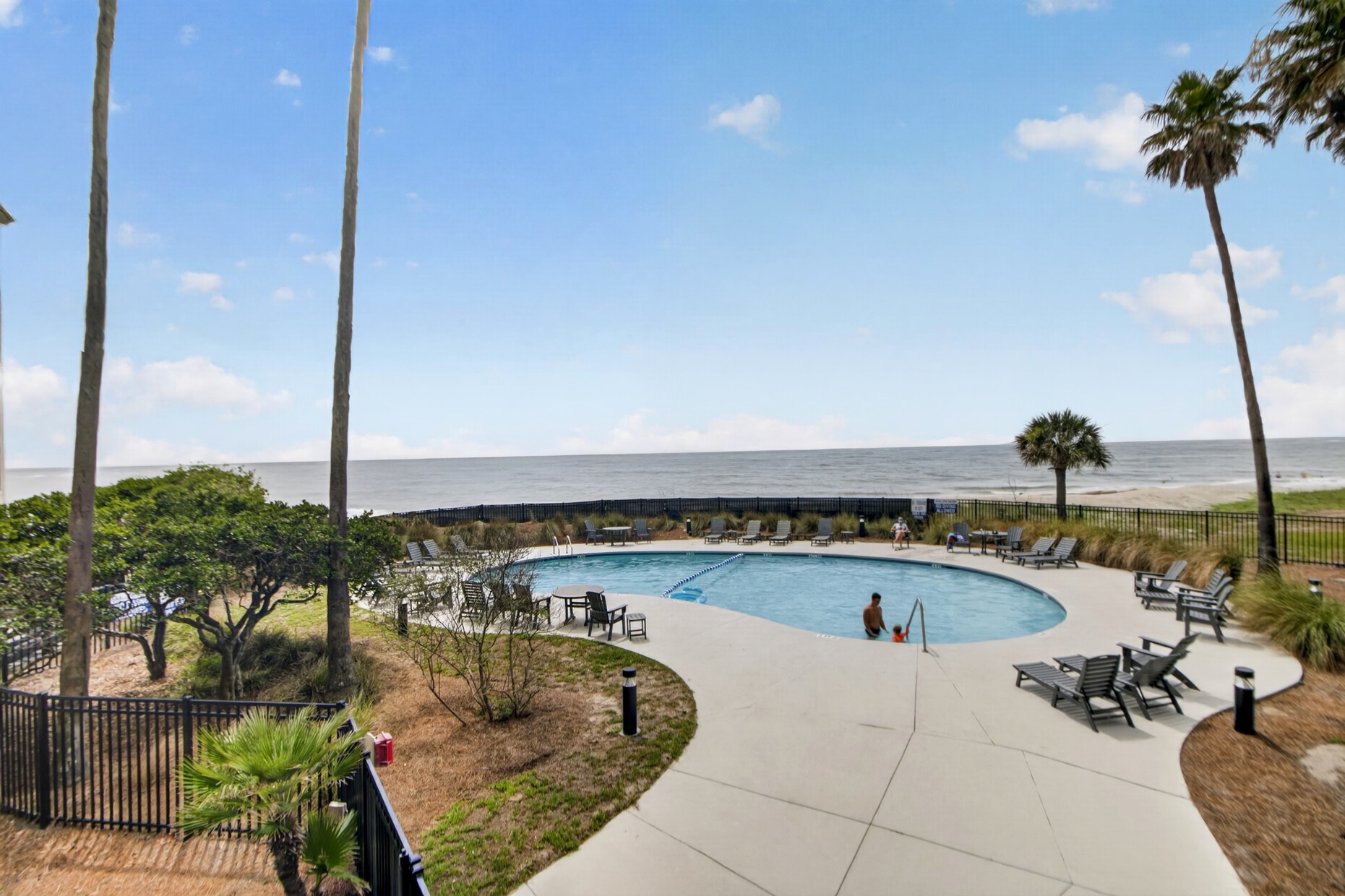 Beachfront property featuring a large outdoor pool with lounge chairs, tropical palm trees, and direct ocean views across coastal dunes and landscaped grounds.