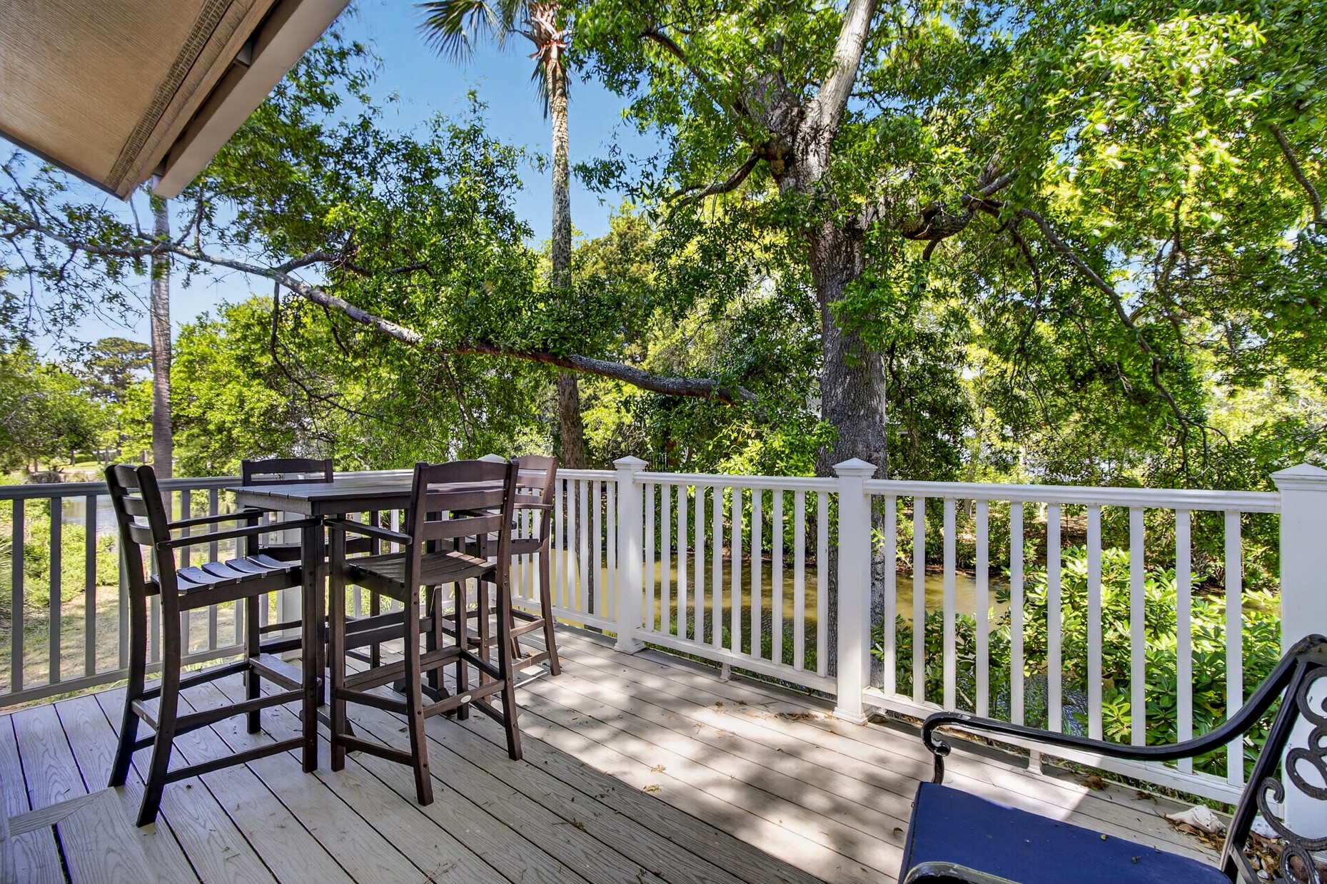 Relax on your private balcony surrounded by towering trees, where dappled sunlight creates the perfect spot for morning coffee or evening drinks.