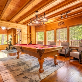 Your private game room awaits with a handsome pool table, cozy seating for spectators, and even your own exercise bike—all bathed in warm natural light filtering through forest views.