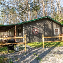A charming cabin nestled among tall trees with a welcoming covered porch and rustic charm for your perfect getaway.