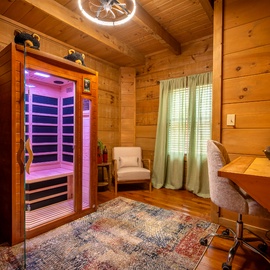 Step into your private wellness retreat, where warm wood surrounds an infrared sauna ready to melt away tension. Curl up in the cozy chair after your session and breathe in the peaceful ambiance.