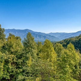 Mountain views stretch across forested ridges and layered peaks. The property sits within a peaceful landscape where nature's beauty defines the surrounding area.