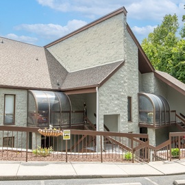 Modern multi-level building with distinctive curved glass solariums, nestled among lush greenery and accessed via wooden decking and stairs.