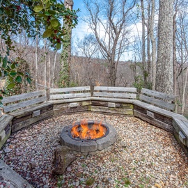 Gather around your private fire pit surrounded by curved wooden seating, where crackling flames create magical moments under towering forest trees.