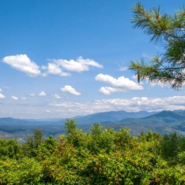 Stunning mountain vistas surround the property, framing a landscape of layered peaks, lush greenery, and open skies—a peaceful backdrop to this scenic retreat.