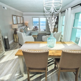 Dining room has wrap-around views of ocean