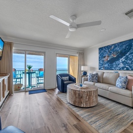 Relax in your coastal living room with ocean views and comfortable seating for unwinding after beach days.
