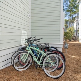 Bicycles ready for your next adventure, conveniently stored outside your rental for easy access to local trails and attractions.