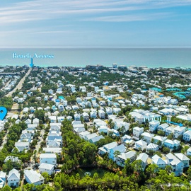 An elevated coastal view showcasing a charming seaside community just moments from the shoreline.