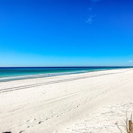Pristine white sand beach stretches along turquoise waters under brilliant blue skies, with coastal buildings visible in the distance.