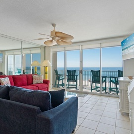 Relax in your bright living room with stunning ocean views through floor-to-ceiling windows and step onto your private balcony to admire the scenery.