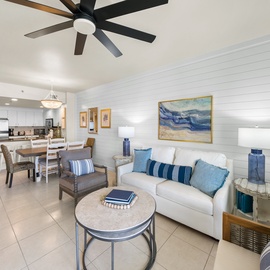 Relax in your bright, coastal-inspired living space with comfortable seating, a fully equipped kitchen, and nautical blues throughout.