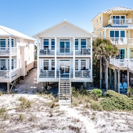 Charming beachfront vacation homes feature elevated designs with white sand dunes and palm trees creating the perfect coastal retreat setting.