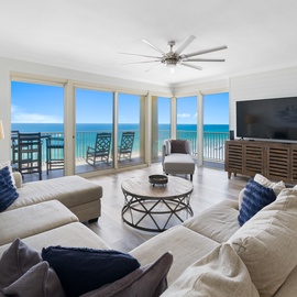 Sink into plush seating while endless ocean views fill your panoramic windows, creating the perfect backdrop for relaxation.