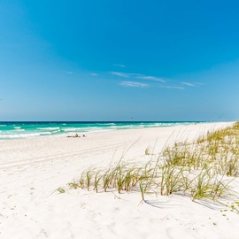 Pristine white sands meet turquoise waves at this stunning beachfront location, bordered by gentle dunes and sea grass swaying in the coastal breeze.
