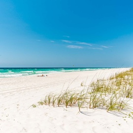 Pristine white sand beach with emerald waters and natural dune grass, perfect for peaceful coastal getaways.