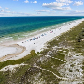 Pristine white sand beach stretches along turquoise waters with natural dunes and coastal vegetation in this stunning aerial coastal view.