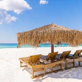 Four wooden loungers under a palapa overlook a pristine stretch of white sand and turquoise water. Picture yourself soaking up the sun, toes in the sand, with that perfect tropical breeze.