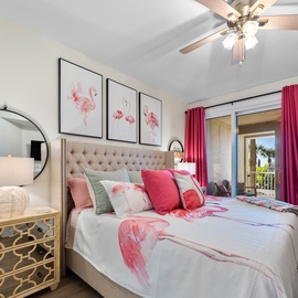 Drift into sweet dreams in your tropical-inspired bedroom, complete with a comfy king bed and charming flamingo artwork.