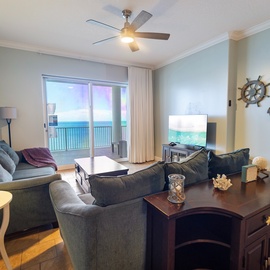 Unwind in your private coastal retreat with sea views from the balcony. Curl up on the plush sofas and let the gentle ceiling fan keep you cool while you soak in the beachy ambiance.