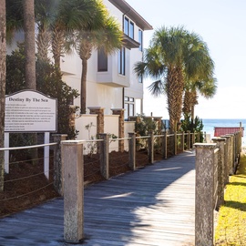 Wooden boardwalk winds through tropical palms toward beachfront property, framed by swaying palm trees and ocean views.
