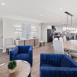 Stretch out in your bright, open living space where stylish blue velvet seating flows into a spacious dining area and modern kitchen—perfect for gathering and making memories.