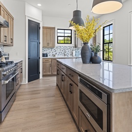 Your spacious kitchen invites culinary adventures with gleaming quartz counters, modern appliances, and abundant natural light streaming through black-framed windows.