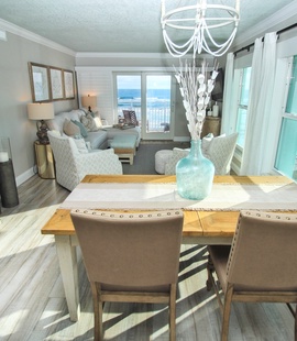 Dining room has wrap-around views of ocean