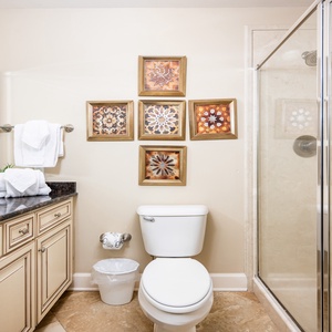 Rejuvenate with soothing moments in this guest bath with a refreshing shower and plush towels