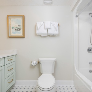 Freshen up in this guest bath in the relaxing shower or soothing tub before an exciting day